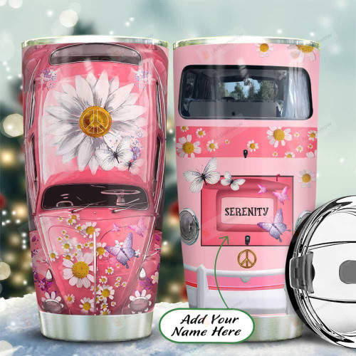 Daisy Pink Hippie Van Personalized Tumbler Cup, Stainless Steel Insulated Tumbler 20 Oz, Coffee/ Tea Tumbler With Lid, Great Gifts For Birthday Christmas Thanksgiving, Unique Gifts For Hippie Lovers