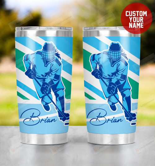 Personalized Ice Hockey Player In 2d Blue Tumbler Cup Stainless Steel Tumbler, Tumbler Cups For Coffee/Tea, Great Customized Gifts For Birthday Christmas