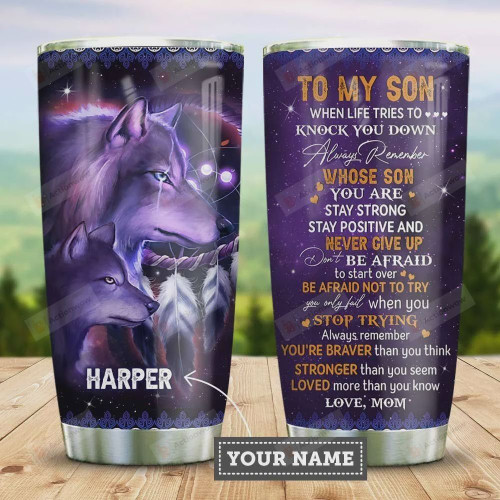 To My Son Native Wolves Personalized Tumbler Cup, Never Give Up, Purple Stainless Steel Vacuum Insulated Tumbler 20 Oz, Great Gifts For Birthday Christmas Thanksgiving, Love Mom