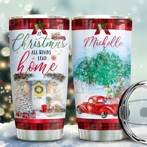 Christmas Red Truck Personalized Tumbler Cup,  All Roads Lead Home, Tumbler For Coffee/Tea With Lid, Travel Tumbler, Stainless Steel  Insulated Tumbler 20 Oz, Great Gifts For Birthday Christmas