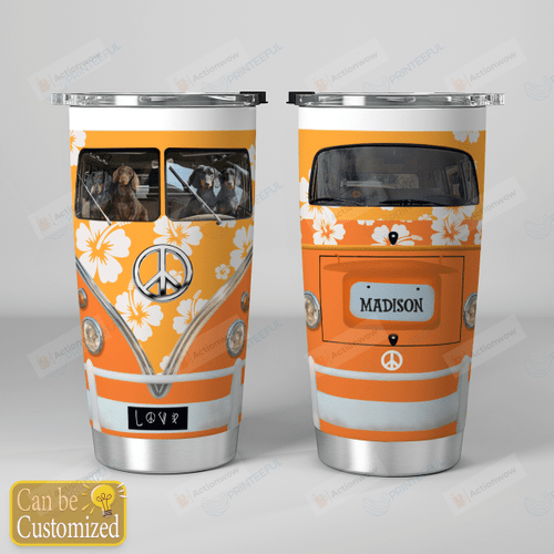 Personalized Custom Name Dog Orange Hibiscus Hippie Van Stainless Steel Tumbler, Tumbler Cups For Coffee/Tea, Great Gifts For Birthday Christmas Thanksgiving
