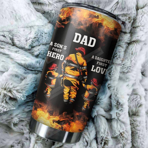 Personalized Firefighter Dad Tumbler A Son's First Hero A Daughter's First Love Tumbler Stainless Steel Vacuum Insulated Double Wall Travel Tumbler With Lid, Perfect Gifts For Dad On Father's Day Birthday