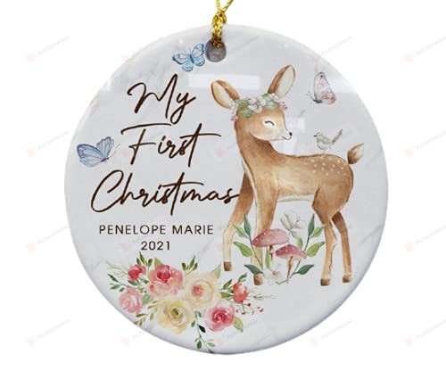 Baby's First Christmas Ornament, Baby Girl Deer Ornament, Floral Christmas Ornament Baby Ornament,, Baby's First Christmas Ornament