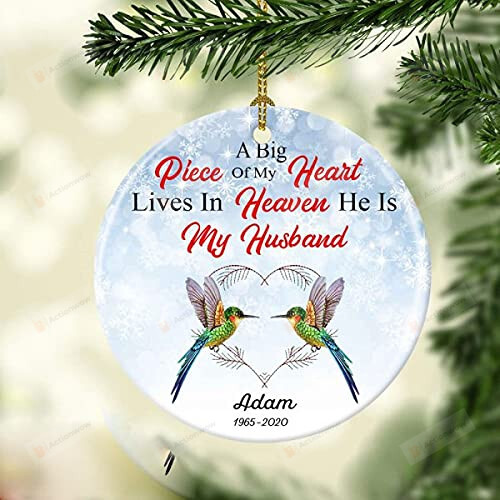 Personalized A Big Piece Of My Heart Lives In Heaven He Is My Husband Ornament Memorial Christmas Decoration Ornament Hummingbird Print Ornament Custom Gifts In Loving Memory Ornament