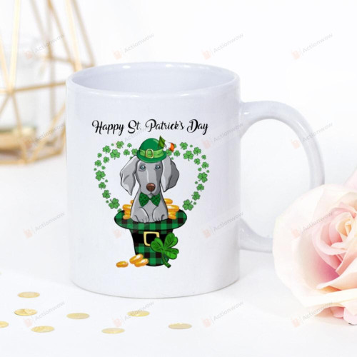 Weimaraner Buffalo Plaid Hat Green Shamrocks Great White Leprechaun Mug Happy Patrick's Day , Gifts For Birthday, Anniversary Ceramic Coffee 11-15 Oz