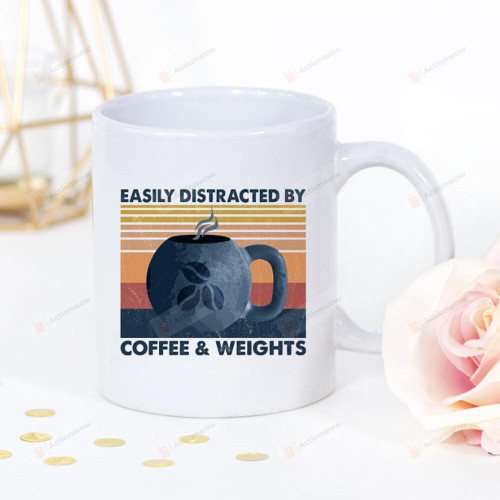 Fitness Easily Distracted By Coffee and Weights Vintage Print Gift White Mug 11Oz 15Oz Coffee Tea Cup For Cat Lovers