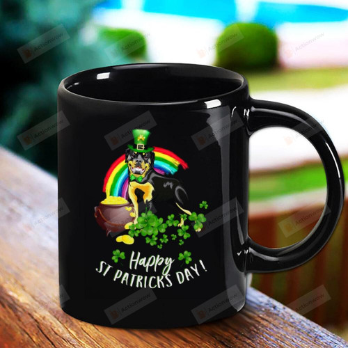 Rainbow Lovely Rottweiler Favorites Black Mug Leprechaun Happy Patrick's Day , Gifts For Birthday, Anniversary Ceramic Coffee Mug 11-15 Oz