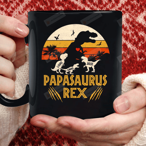 Personalized Retro Dinosaur Mug Papasaurus Mug Best Gifts From Son And Daughter To Dad On Father's Day 11 Oz - 15 Oz Mug