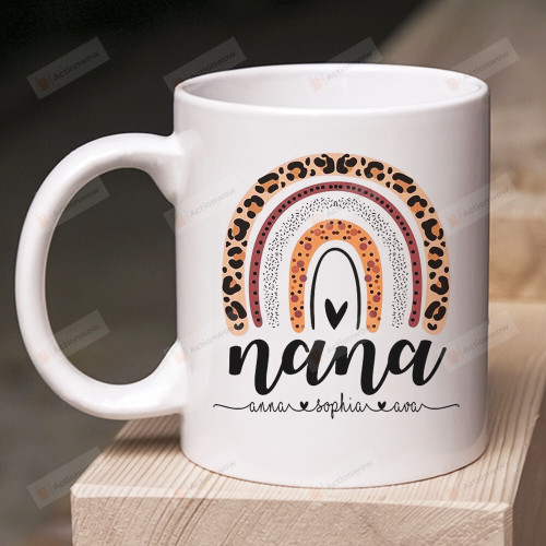 Personalized Leopard Rainbow Nana Mug,Custom Mug With Grankid Names,  Gift For Grandma, Grandma Birthday Christmas Thanksgiving Gift