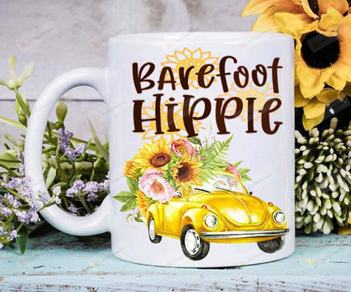 Barefoot Hippie, Sunflowers, Vw Beetle, Hippie Coffee Mug, Bohemian, Nature Lover, Tree Hugger, Boho, Peace, Love, Flower Child,Hippie Chick, Christmas Gifts, 11 Oz Ceramic Mug
