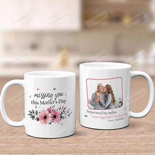 Personalized 2 Sides Custom Photo Name Mug, Seperated By Miles Together By Heart Mug, Meaningful Gifts For Mothers Grandmothers On Mother's Day Birthday Xmas Thanskgiving, 11-15 Oz Mug