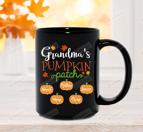Personalized Grandma's Pumpkin Patch With Grandkid Black Mug Gifts For Her, Mother's Day ,Birthday, Halloween, Anniversary Customized Name Ceramic Coffee  Mug 11-15 Oz