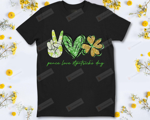 Peace Love St Patrick's Day Glitter Shamrock T-Shirt