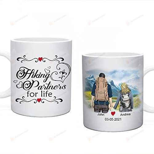Personalized Hiking Partners For Life Mug, Custom Travel Mug Couple Mugs For Him And Her, Cute Valentine's Day Mugs. Gifts For Him Gifts For Her On Valentine's Day Birthday Christmas Anniversary