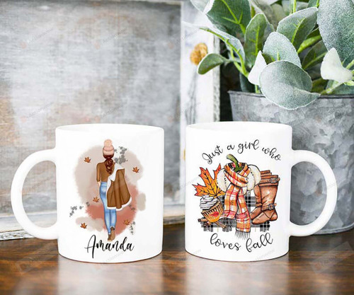 Just A Girl Who Loves Fall Mug Personalized Autumn Leaves Mug, Personalized Autumn Mug. Unique Gifts For Bestie Best Friend Girlfriend In Birthday Halloween Christmas New Year
