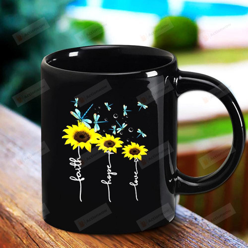 Dragonfly Faith Hope Love Sunflowers Let It Be Awesome Gift Black Mug Gifts For Birthday, Anniversary Ceramic Coffee Mug 11-15 Oz