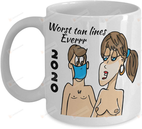 Worst Tan lines Ever Brunette Nudist Pandemic Mug - Coffee Cup - Original Cartoon Art - Nudist Gifts Idea, Nudist 11oz & 15oz Ceramic Mug