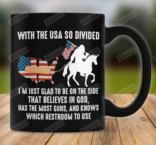 With The Usa So Divided Funny Mug Gift Take Bradon To The Station Bigfood And Horse With American Flag, Gift For Trump Supporters 2024, Sacrasm Biden, Gift For Republican