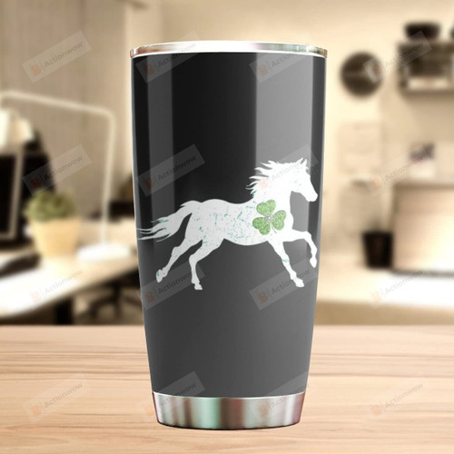 White Horse Shamrock 4-Leaf Clover Green Stainless Steel Wine Tumbler Cup