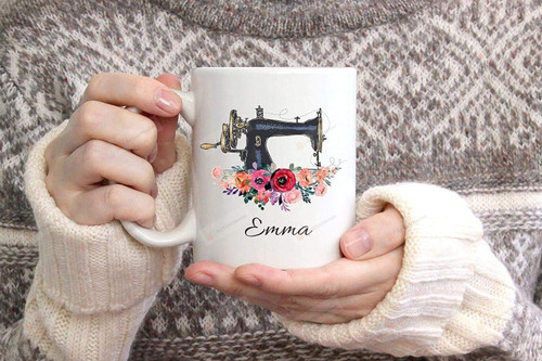 Personalized Sewing Gifts, Crafty Sewing Machine Mug, Ceramic Coffee Mug