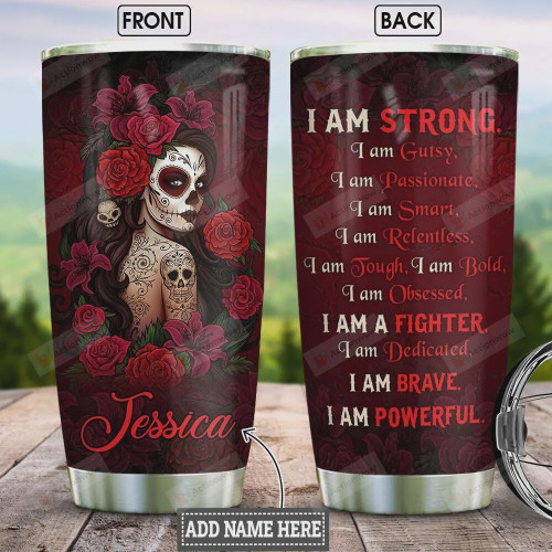 Personalized Skull Rose Woman Strong Fighter Brave Powerful Stainless Steel Tumbler Cup