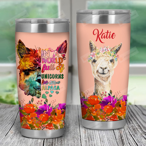 Personalized Alpaca With Flowers, Full Of Unicorns Alpaca Stainless Steel Wine Tumbler Cup