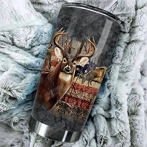 Hunting Deer With America Flag Stainless Steel Wine Tumbler Cup