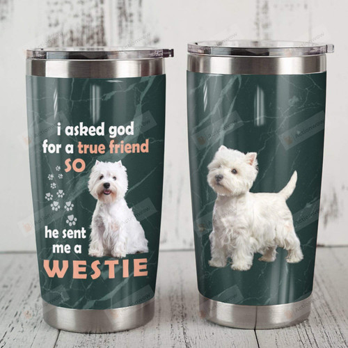 Westie Dog, I Asked God For A True Friend, He Sent Me A Westie Stainless Steel Wine Tumbler Cup