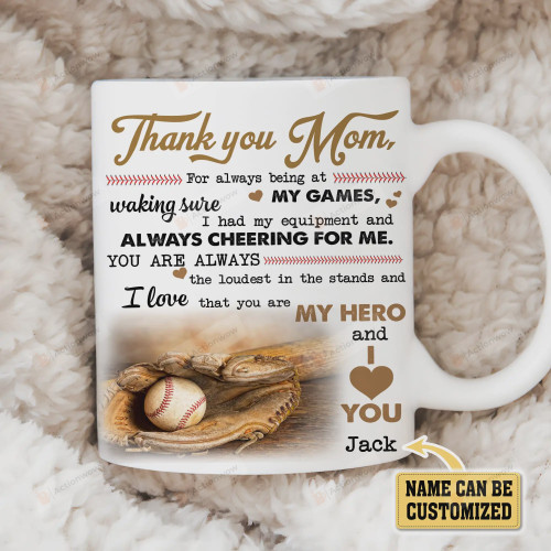 Personalized Baseball Mom Thank you Mom Always Cheering For Me Love Mug Gift For Mom, Gift For Baseball Lovers On Mother's Day