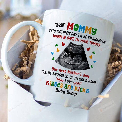 Personalized Dear Mommy Happy 1st Mothers Day, Baby's Sonogram Picture Mug - This Mother's Day I'm Snuggled Warm And Safe In Your Tummy Mug - Gifts For Expecting New First Mom To Be From Baby Bump