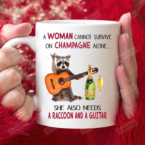 A Woman Cannot Survive On Champagne Alone Mug Raccoon And Guitar Mug Guitar Lovers Gift, Raccoon Woodland Mug