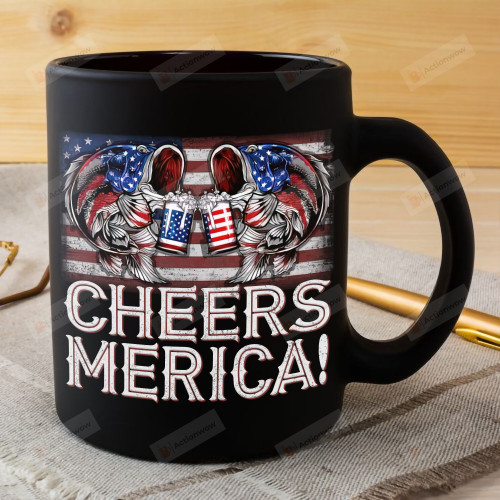 Cheers Merica Funny Fishing Ceramic Mug, Gifts For Fishing Dad, Beer Lovers, Gifts For Fishing Lovers, Gifts For Him, Fathers Day Gifts, 4th Of July American Flag