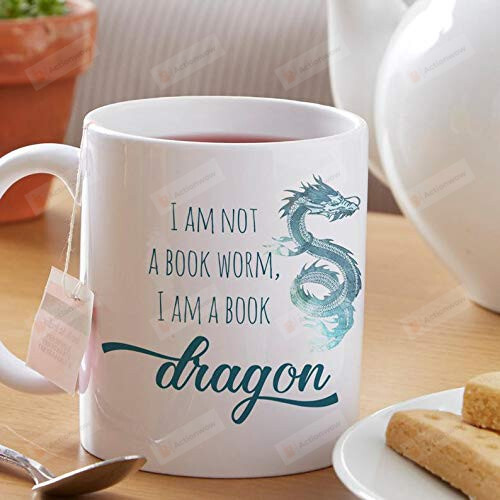 Book Dragon Ceramic Coffee Mug, Book Lover Mug, Book Worm Gifts, Bookstagram Coffee Cup, Bookish Glass Mug With Dragon, Dragon Christmas Gifts (15 Oz)
