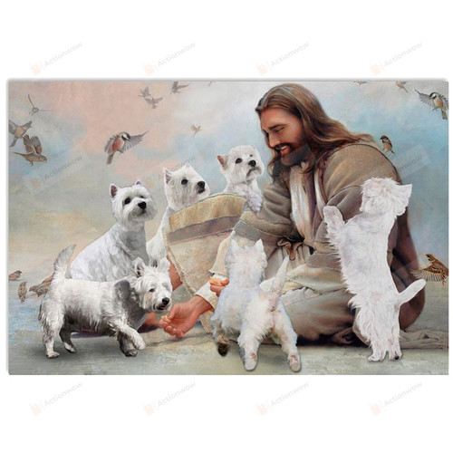 Christian Wall Art God Surrounded By Westie Angels, Westie Dog Lovers Jesus Wall Art Poster Canvas, Jesus Poster Canvas Art