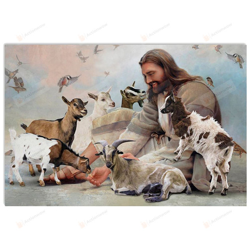 Christian Wall Art God Surrounded By Goat Angels, Goat Lovers Jesus Canvas Print, Jesus Poster Canvas Art