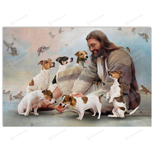Christian Wall Art God Surrounded By Jack Russell Angels, Jack Russell Dog Lovers Jesus Wall Art Poster Canvas, Jesus Poster Canvas Art