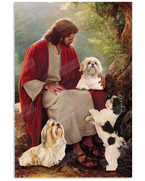 Jesus Sitting With Shih Tzu Religion Faith Christian Jesus God Poster Dog Lover Canvas Wall Art House Decor Full Size Gift For Dog Mom Dog Dad