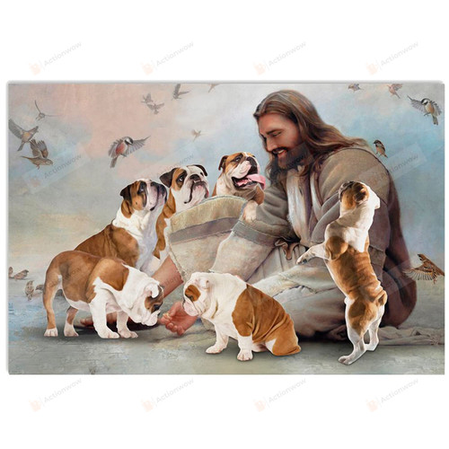 Christian Wall Art God Surrounded By Bulldog Angels, Bulldog Hound Dog Lovers Jesus Wall Art Poster Canvas, Jesus Poster Canvas Art