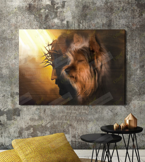 Christian Wall Art Jesus And Yorkshire, Yorkshire Dog Lovers Jesus Canvas Print, Jesus Poster Canvas Art
