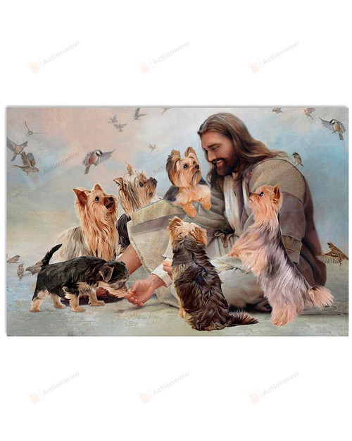Christian Wall Art God Surrounded By Yorkshire Angels, Yorkshire Dogs Lovers Jesus Canvas Print, Jesus Poster Canvas Art