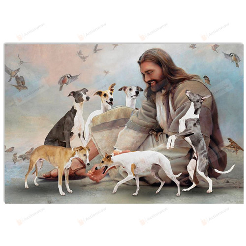 Christian Wall Art God Surrounded By Whippet Angels, Whippet Dog Lovers Jesus Canvas Print, Jesus Poster Canvas Art