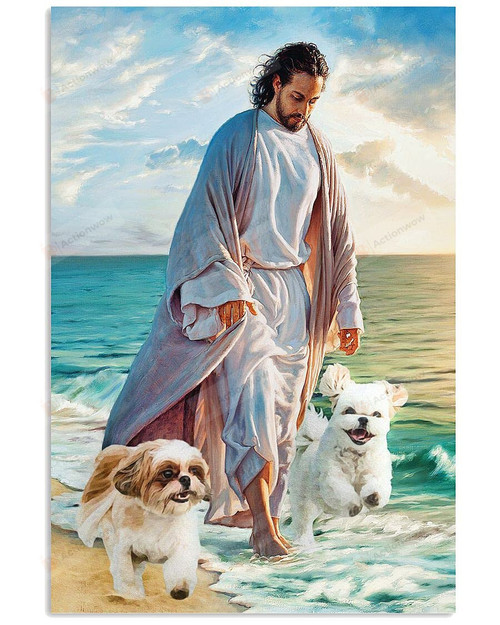 Jesus Walking On The Beach With Shih Tzu Christian Wall Art Poster Canvas, Shih Tzu Dog Lovers Jesus Canvas Print, Jesus Poster Canvas Art