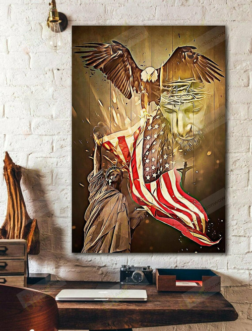 God And Eagle Christian Wall Art Poster Canvas, America Flag Jesus Canvas Print, Jesus Poster Canvas Art