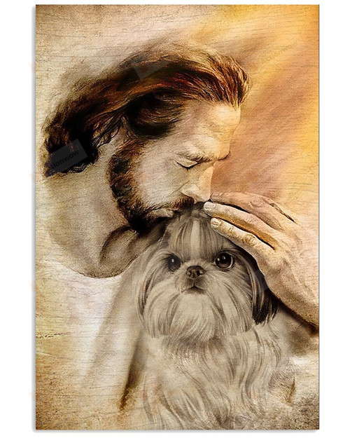 Jesus With Shih Tzu Christian Wall Art Poster Canvas, Shih Tzu Dog Lovers Jesus Canvas Print, Jesus Poster Canvas Art