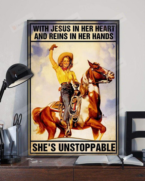 Cow Girl Christian Wall Art Poster Canvas, Jesus In Her Heart Jesus Canvas Print, Jesus Poster Canvas Art
