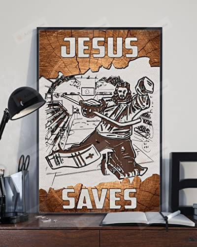 Jesus Saves Christian Wall Art Poster Canvas, Hockey Player Jesus Canvas Print, Jesus Poster Canvas Art