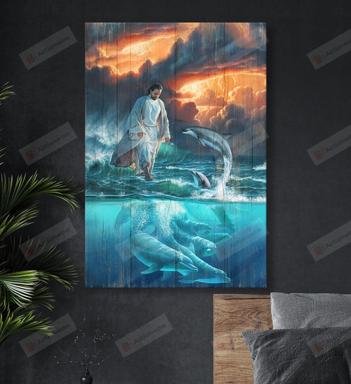 Jesus And Beautiful Dolphin Poster Canvas, Dolphin Lover Poster Canvas Print, Jesus Poster Canvas Art