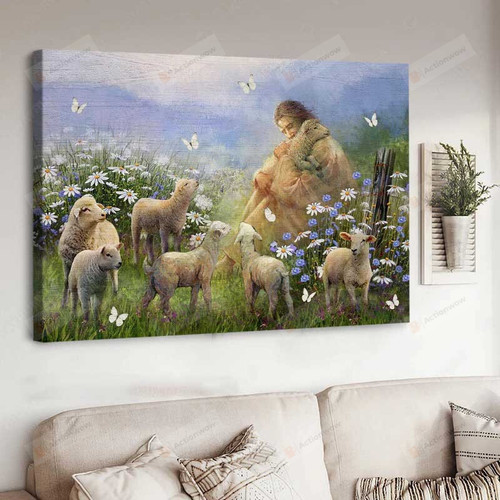 Daisy Flower And Sheep Wall Art Poster Canvas, God And Sheeps Canvas Print, Jesus Poster Canvas Art