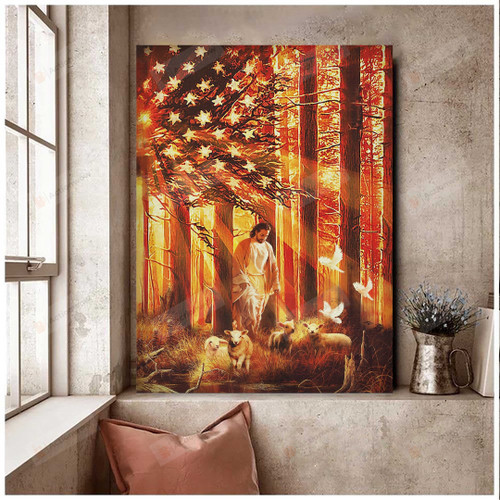 American Flag, Lamb And Jesus Poster Canvas, Lamb Lover Poster Canvas Print, Jesus Poster Canvas Art