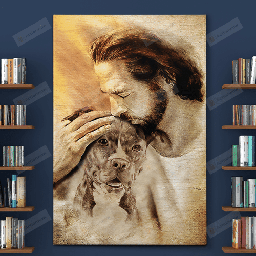Jesus With Lovely Pitbull Wall Art Poster Canvas, Pitbull Dog Lovers Jesus Canvas Print, Jesus Poster Canvas Art